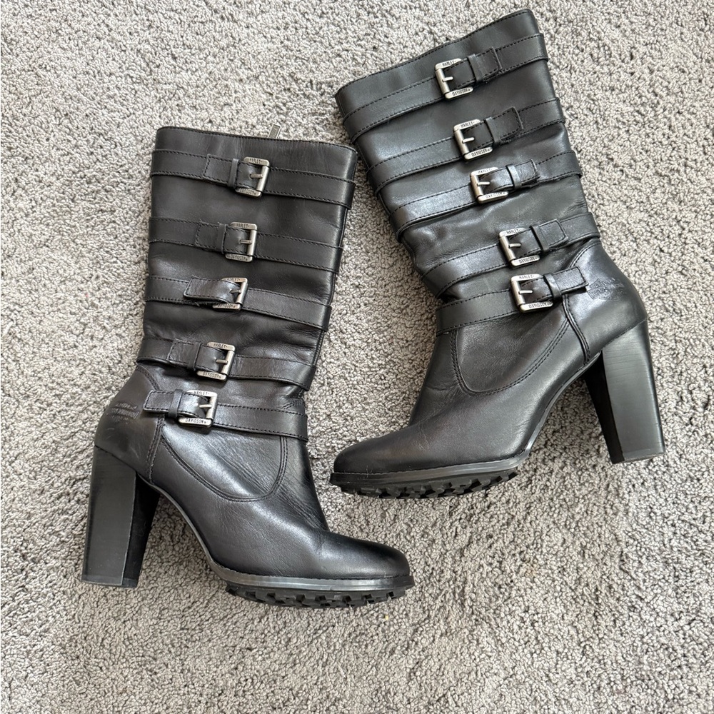 Harley Davidson leather Chilllion women strap buckle heeled boots size 9